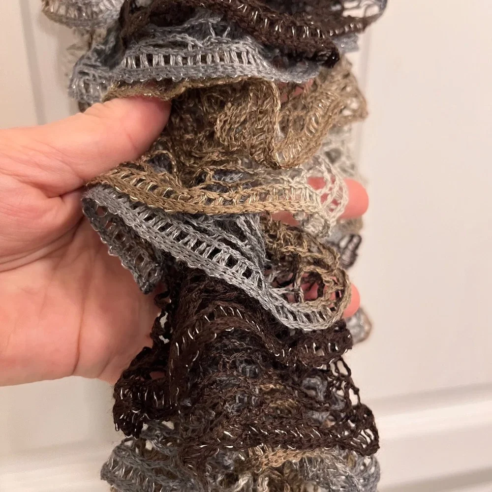 Ruffle Sashay Scarf Brown Grey Metallic Mesh Knit Lace Boa Spiral